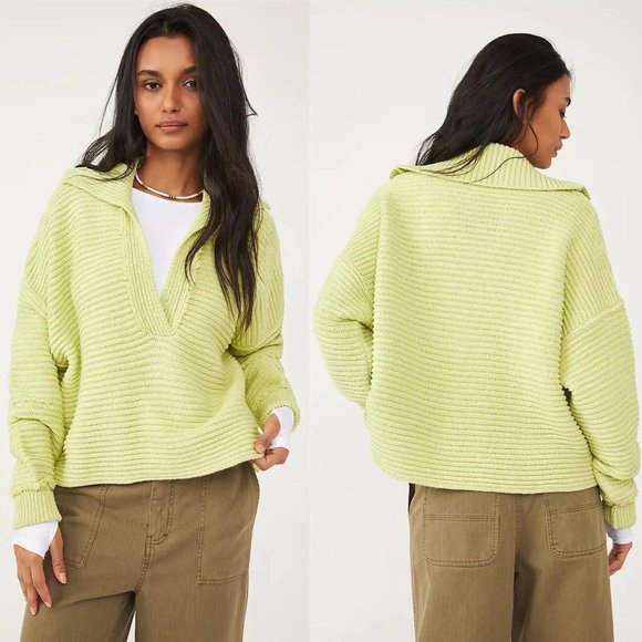 Free People Sweaters - Free People Knit Oversized Sweater (Size M) Marlie V-Neck Pullover In Acid Lime